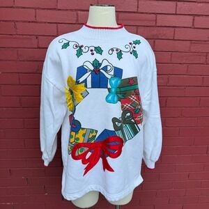 Vtg Actiff‎ Christmas Sweatshirt Presents Wreath Applique Crewneck White Medium